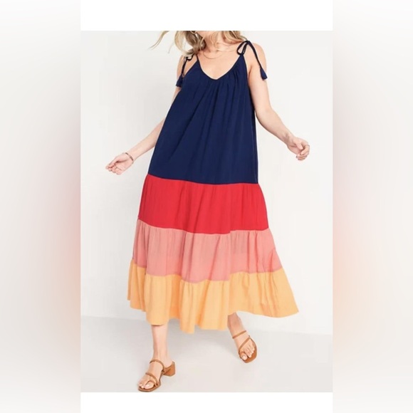 Old Navy Color Block Navy Red Orange Maxi Tiered Cami Swing Beach Dress S - Picture 1 of 8